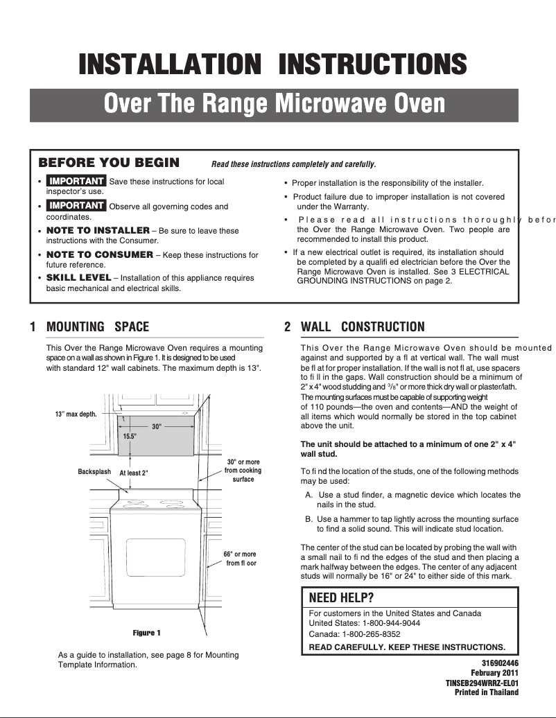 Page n°1 - Guide d'installation Frigidaire FGMV185KW