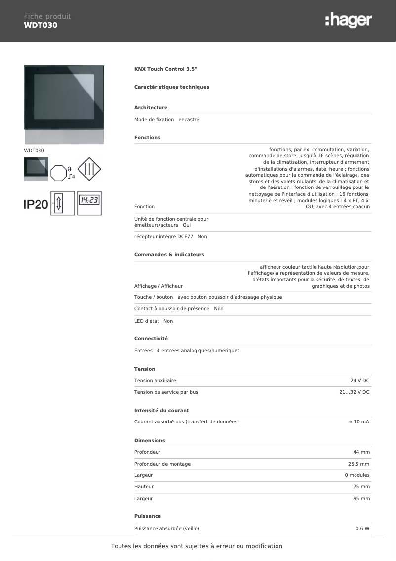 Page 1 of the manual Technical Sheet Hager WDT030