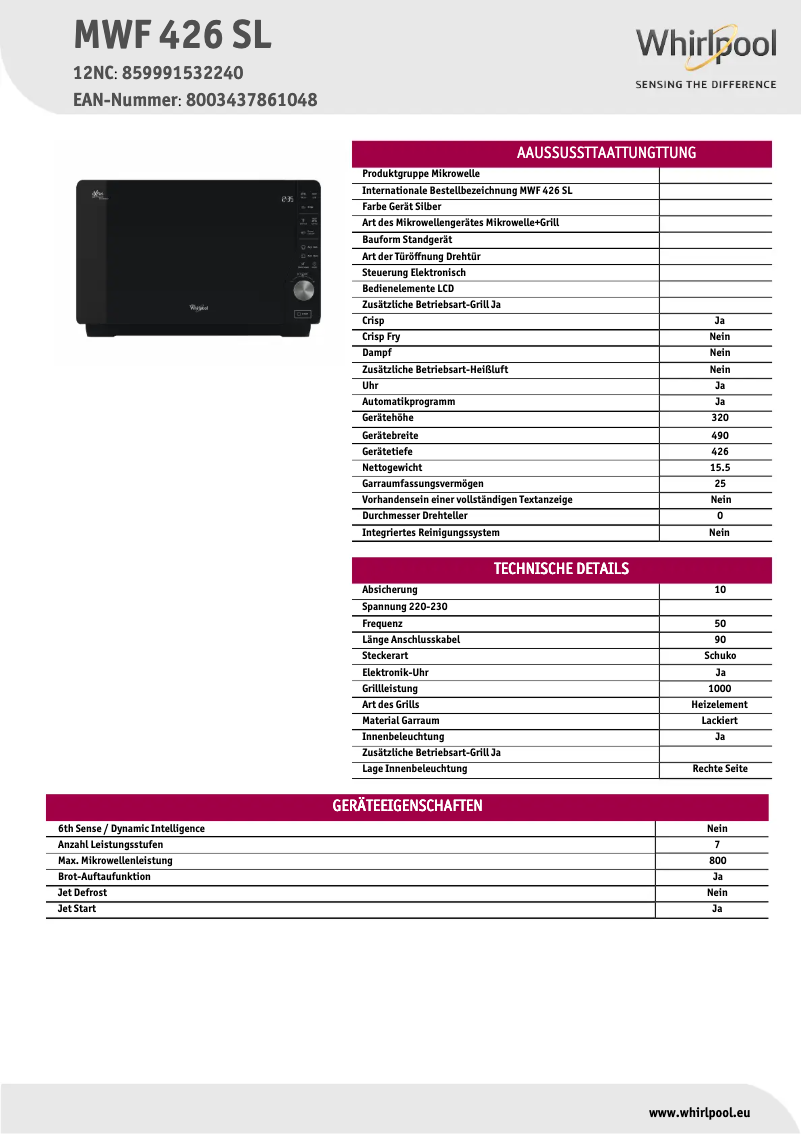 Page 1 de la notice Fiche technique Whirlpool Extra Space Crisp MWF 426
