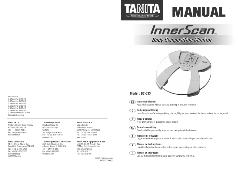 Page 1 de la notice Manuel utilisateur Tanita InnerScan BC-533