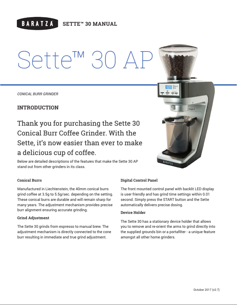 Page 1 de la notice Manuel utilisateur Baratza Sette 30 AP