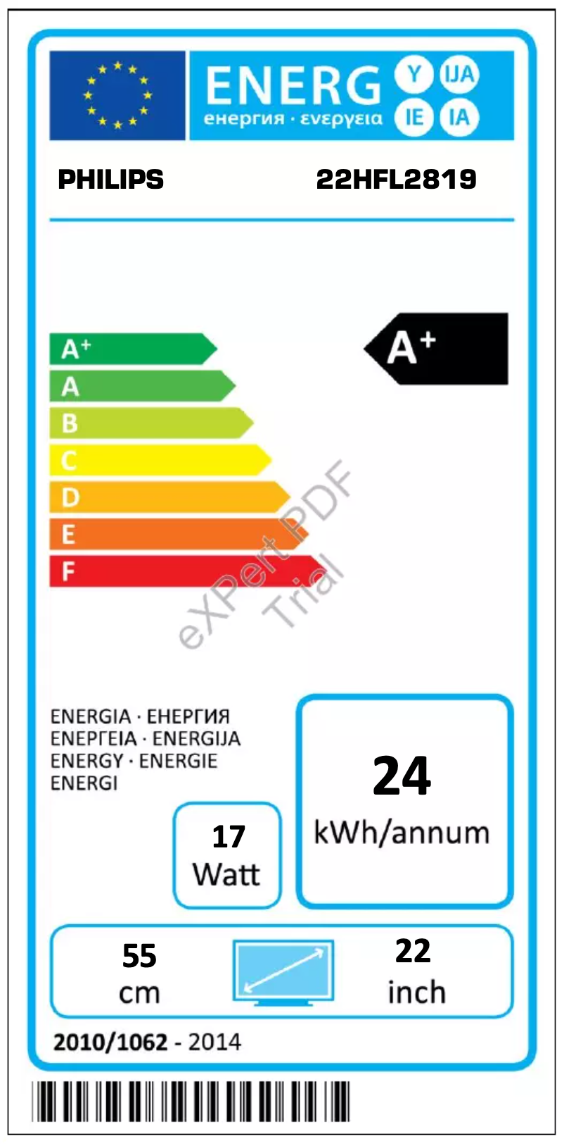 Page n°1 - Label énergétique Philips 22HFL2819P