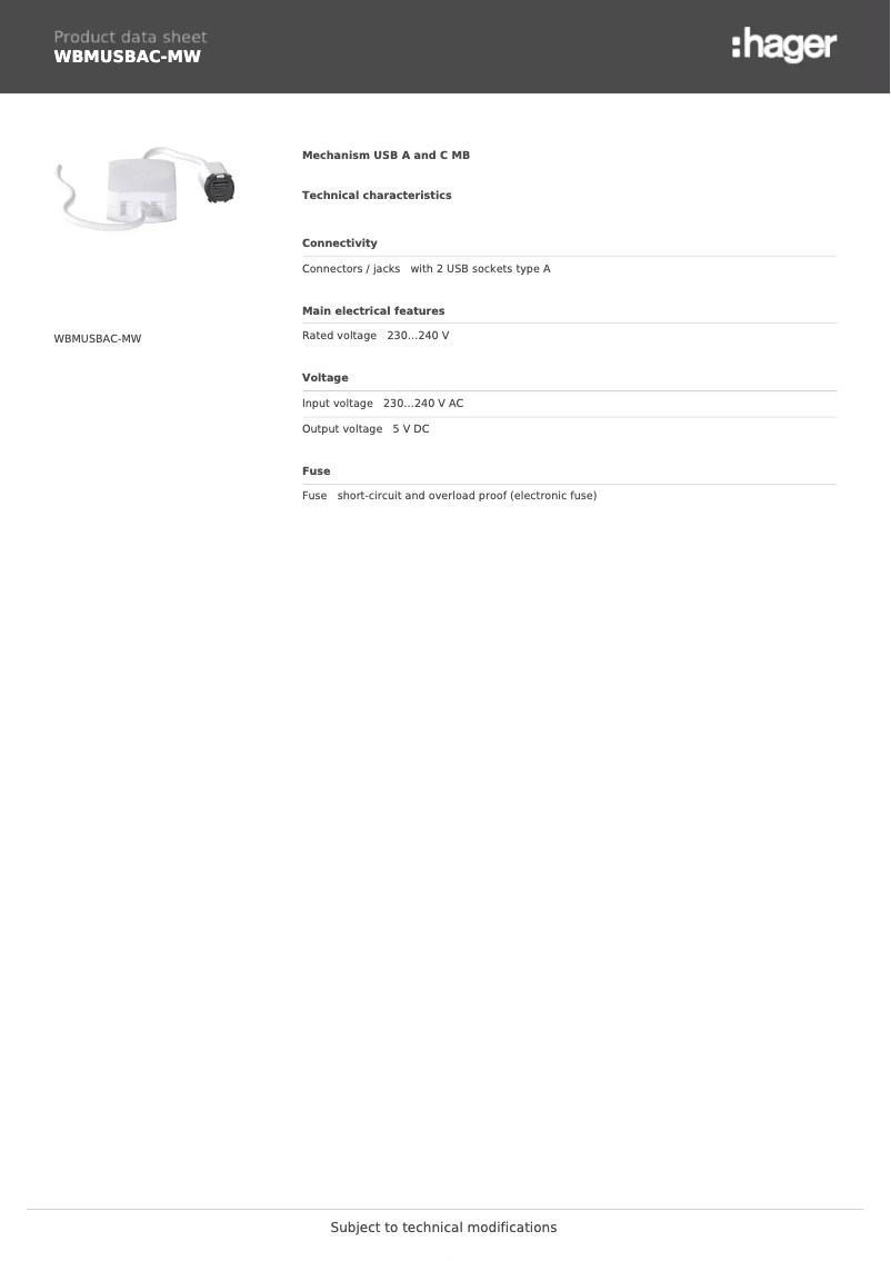 Page 1 de la notice Fiche technique Hager WBMUSBAC-MW