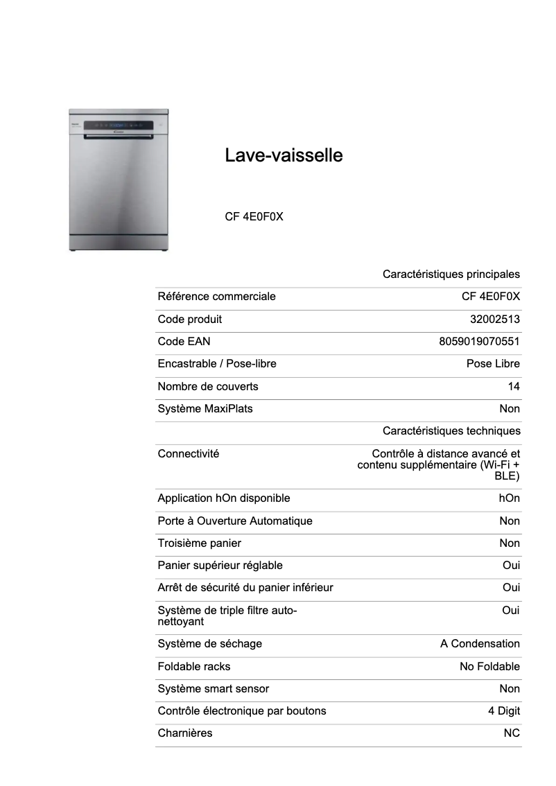 Page 1 de la notice Fiche technique Candy CF 4E0F0X