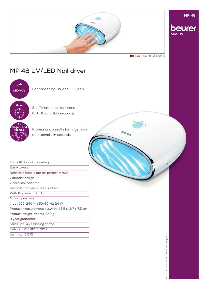 Page 1 de la notice Fiche technique Beurer MP 48