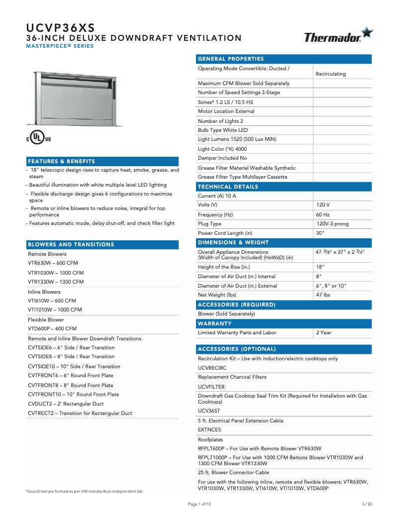 Page n°1 - Fiche technique Thermador UCVP36XS