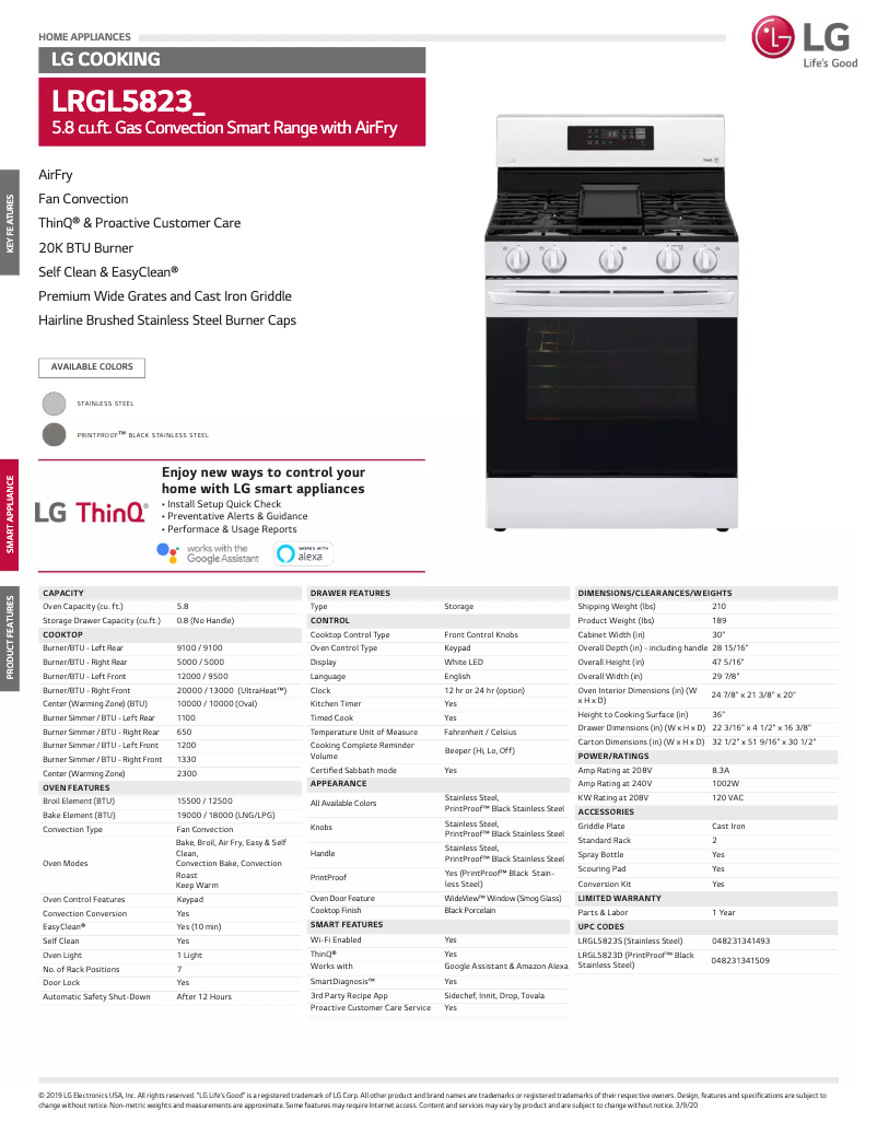 Page 1 de la notice Fiche technique LG LRGL5823D