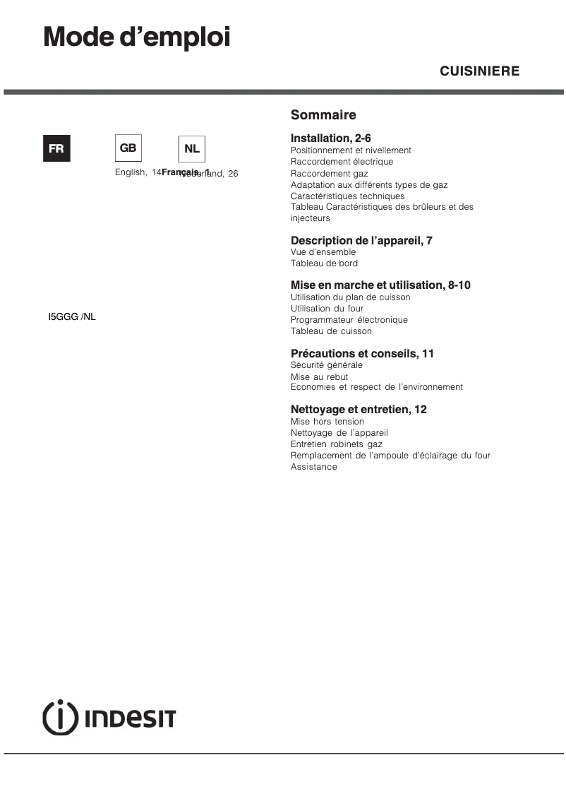 Page 1 de la notice Manuel utilisateur Indesit I5GGG(W)/NL