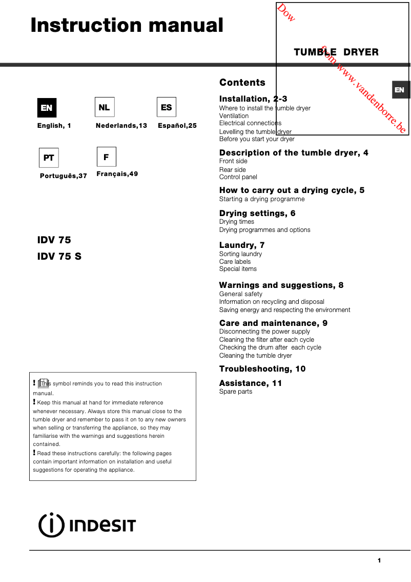 Page 1 de la notice Manuel utilisateur Indesit IDV 75