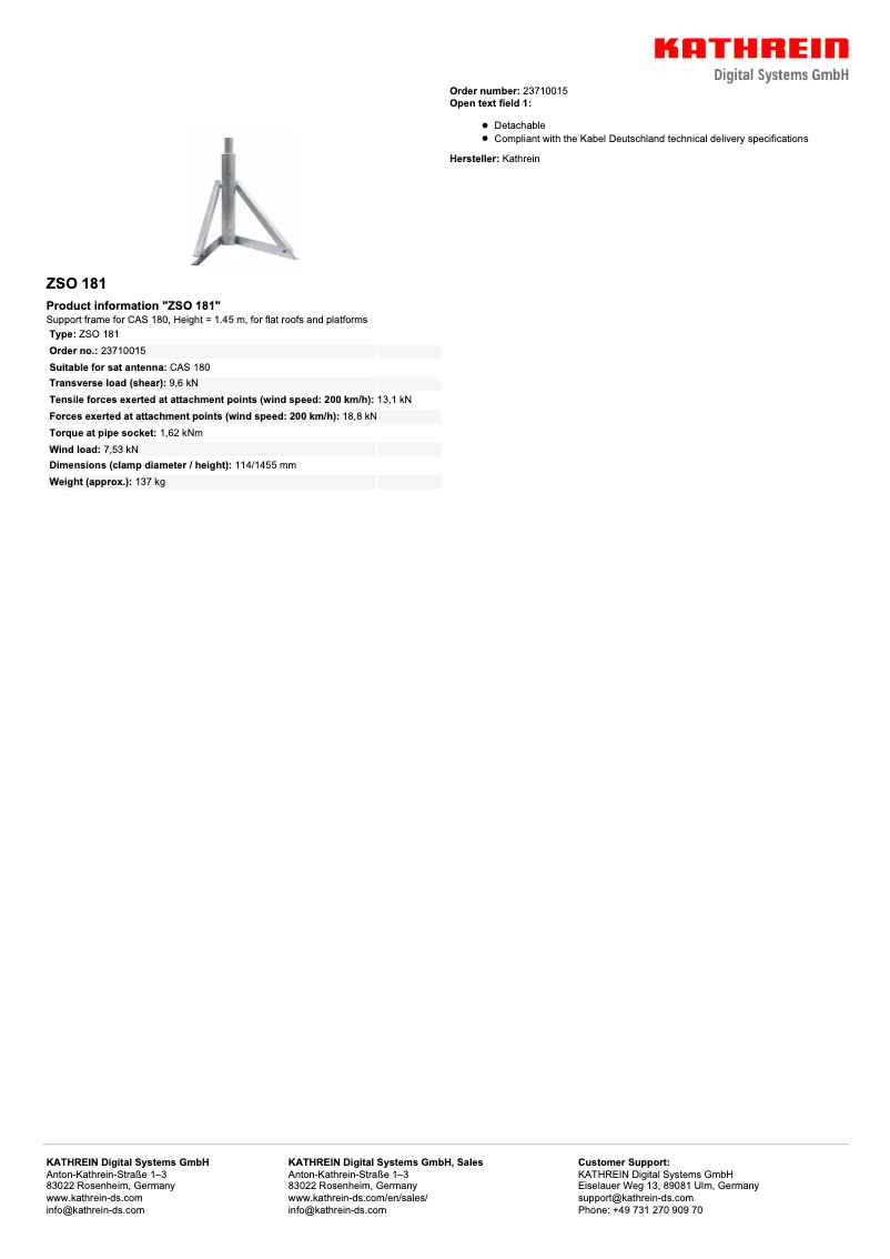 Page 1 de la notice Fiche technique Kathrein ZSO 181