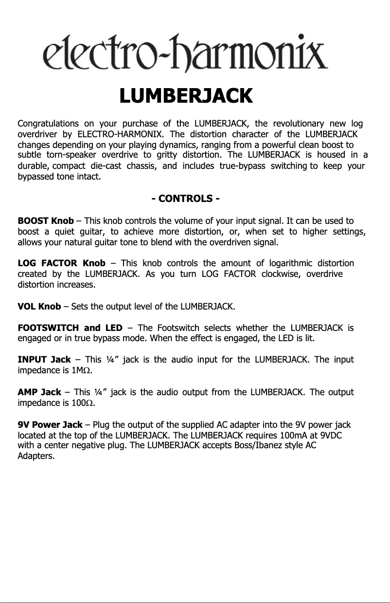 Page n°1 - Manuel utilisateur Electro Harmonix LUMBERJACK