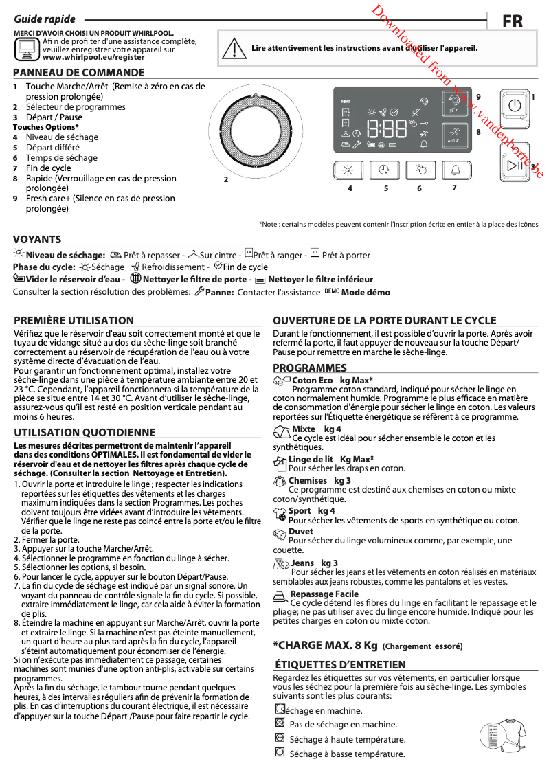 Page 1 de la notice Manuel utilisateur Whirlpool FTBE M11 8X2