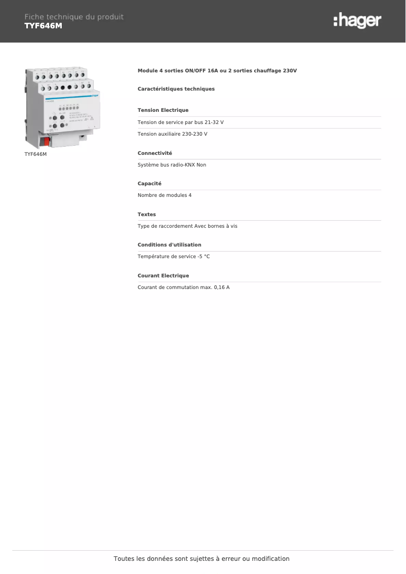 Page 1 de la notice Fiche technique Hager TYF646M
