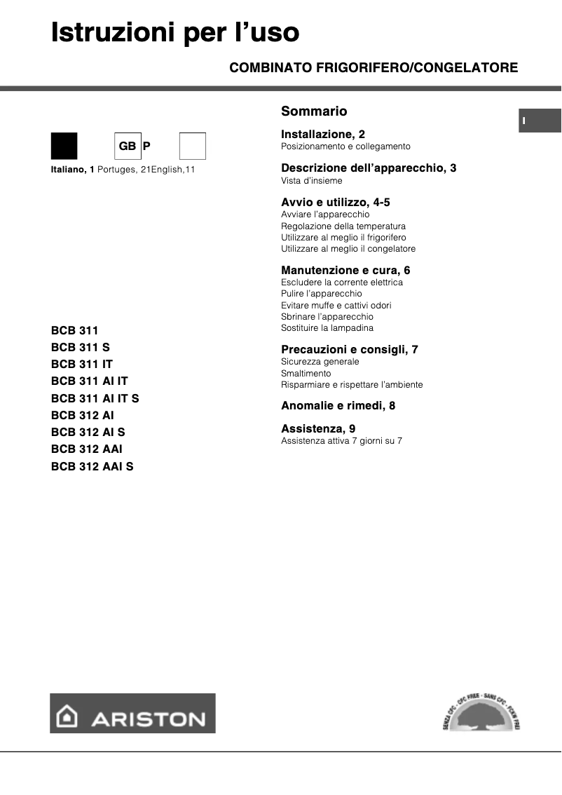 Page n°1 - Manuel utilisateur Ariston Thermo BCB311IT