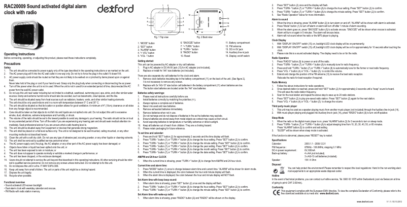 Page 1 de la notice Manuel utilisateur Dexford RAC20009