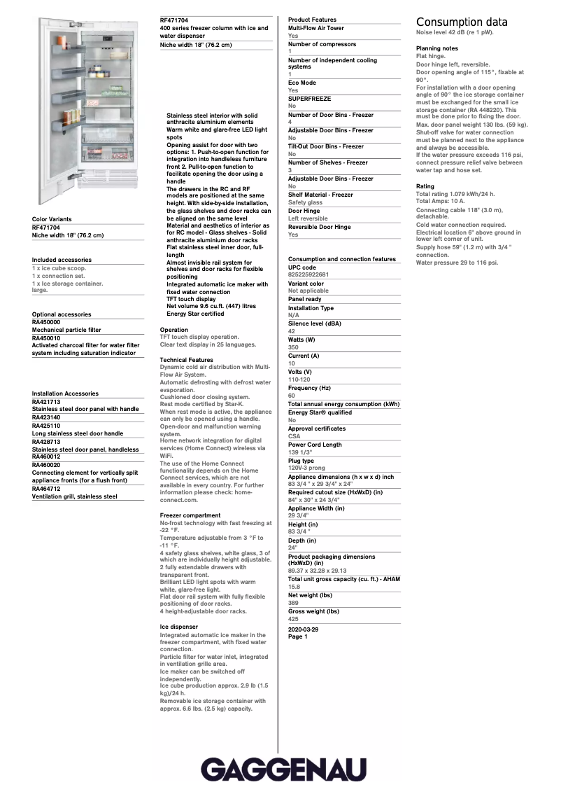 Page n°1 - Fiche technique Gaggenau RF471704