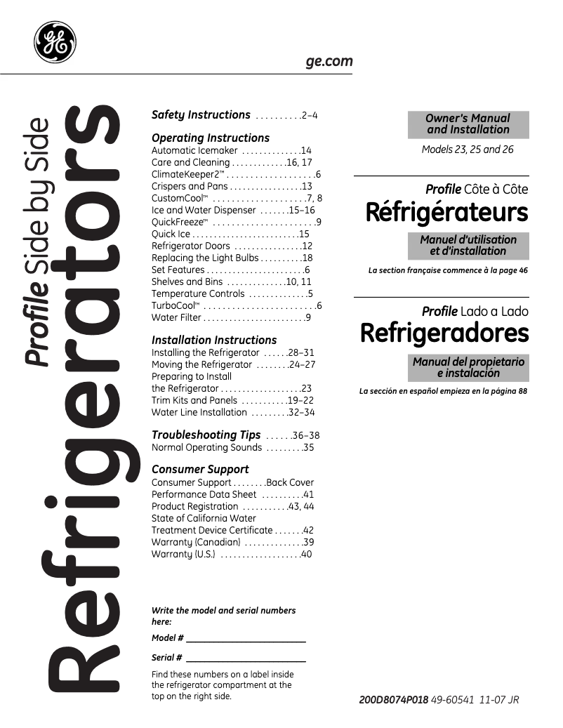 Page 1 de la notice Manuel d'utilisation et d'entretien GE Profile PSHS6YGXSS