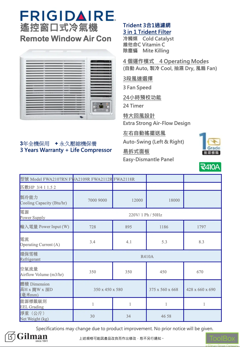 Page n°1 - Manuel utilisateur Frigidaire FWA2112R