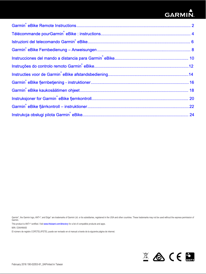 Page 1 de la notice Manuel utilisateur Garmin eBike Remote