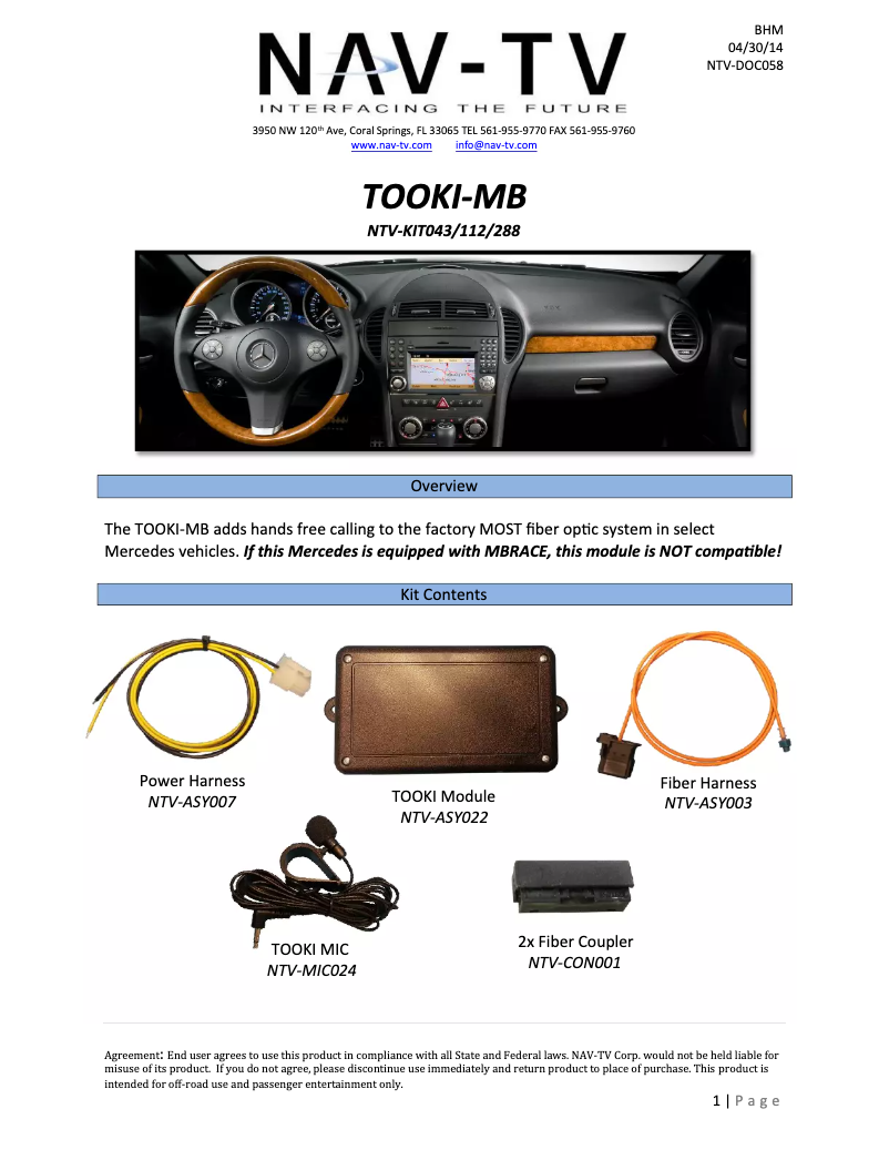 Page n°1 - Guide d'installation NAV-TV Tooki Mercedes NTV-KIT112