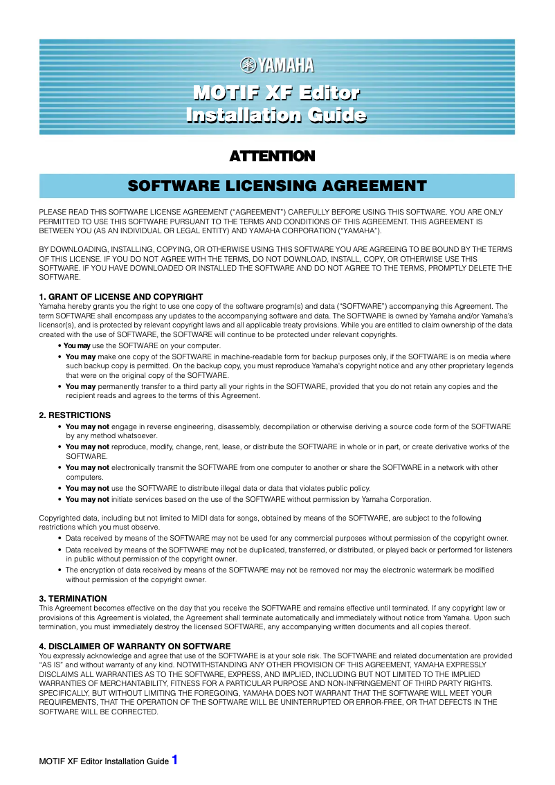 Page 1 de la notice Guide d'installation Yamaha Motif XF7