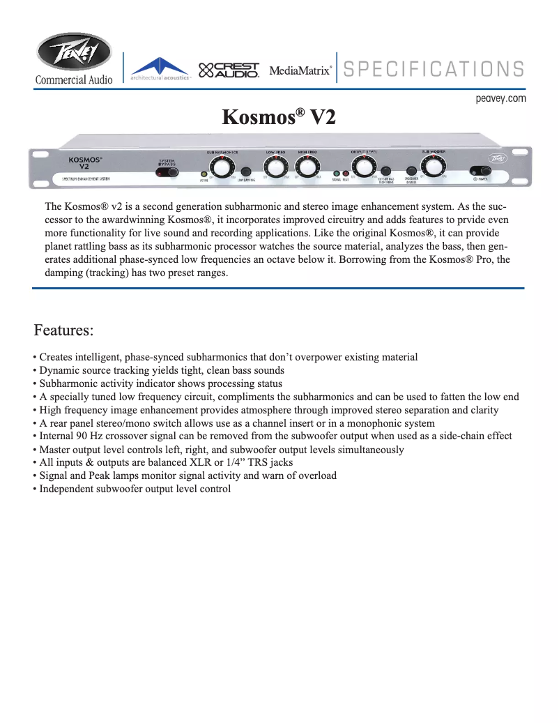 Page 1 de la notice Fiche technique Peavey Kosmos V2