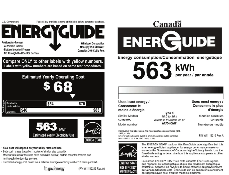Page 1 de la notice Label énergétique Whirlpool WRF540CWHV
