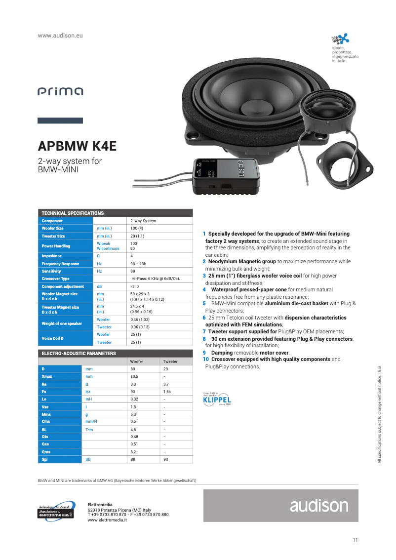 Page 1 de la notice Fiche technique Audison Prima APBMW K4E