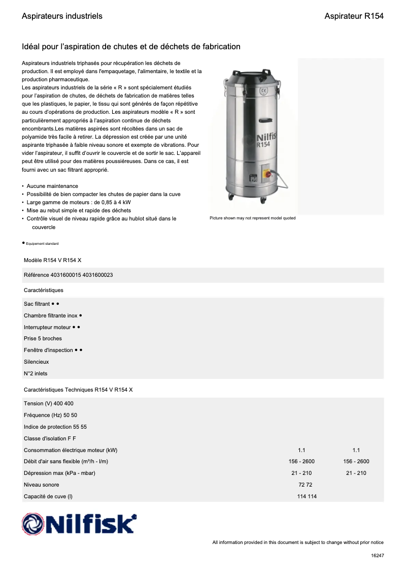 Página 1 del manual Ficha técnica Nilfisk R154