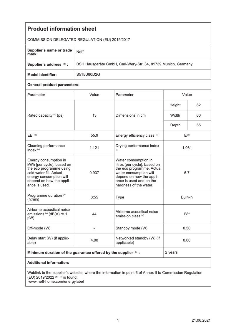 Page n°1 - Fiche technique Neff S515U80D2G
