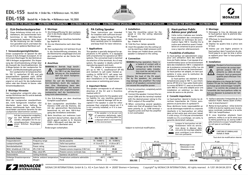 Page 1 de la notice Manuel utilisateur Monacor EDL-155