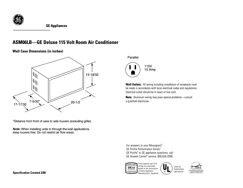 Page n°1 - Fiche technique GE ASM06LB