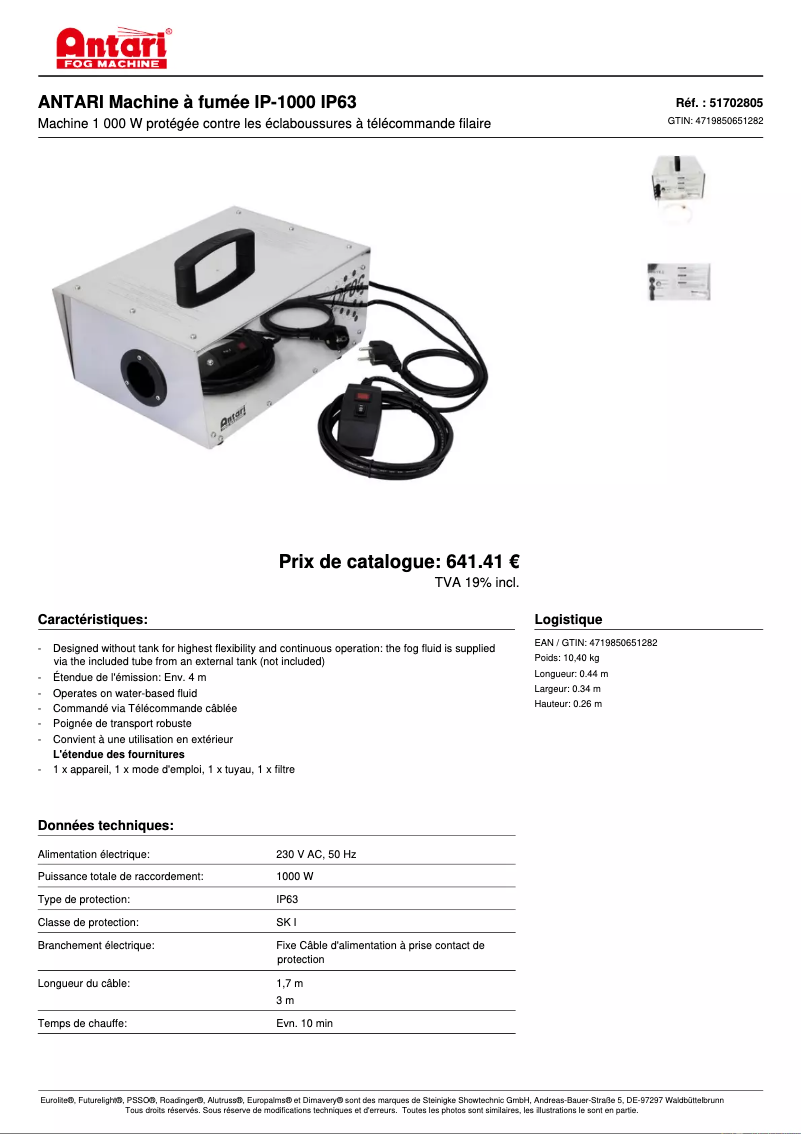 Page 1 de la notice Fiche technique Antari IP-1000