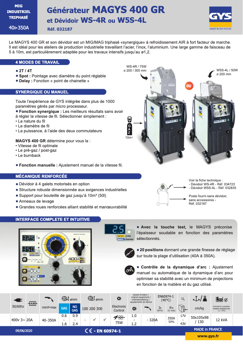 Page 1 de la notice Fiche technique GYS Magys 400 GR