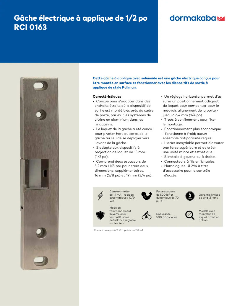 Page 1 de la notice Fiche technique Dormakaba RCI 0163