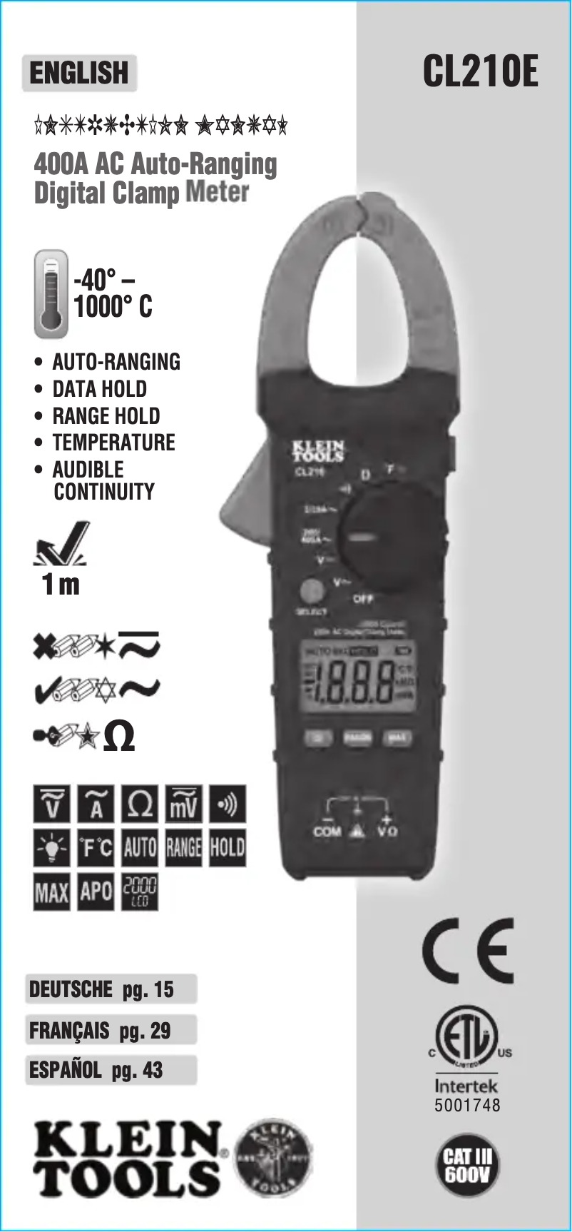 Page n°1 - Manuel utilisateur Klein Tools CL210