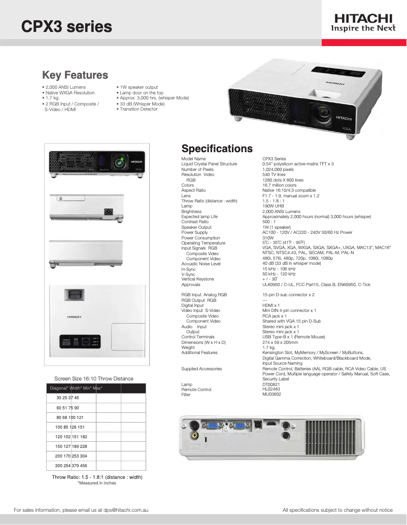 Page 1 de la notice Fiche technique Hitachi CPX3