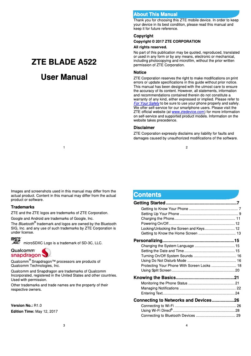 Page 1 de la notice Manuel utilisateur ZTE Blade A522