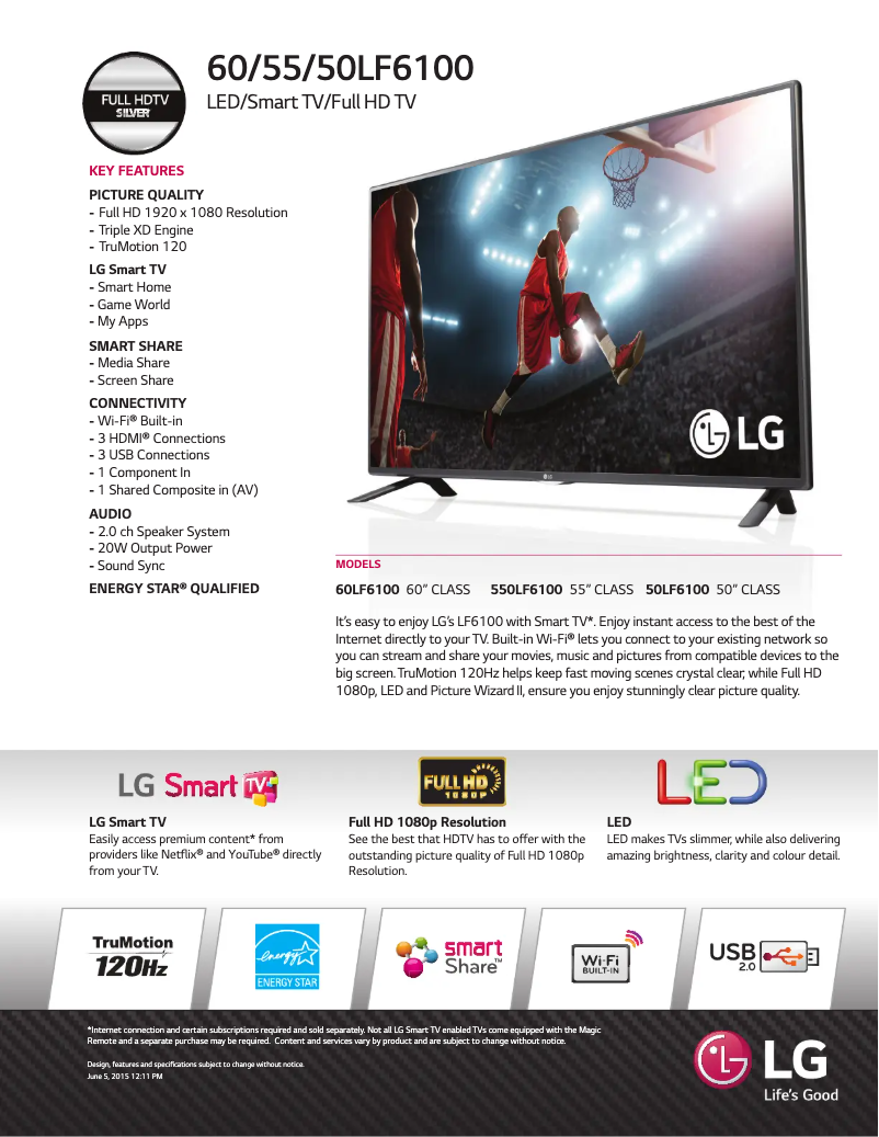 Page 1 de la notice Fiche technique LG 60LF6100