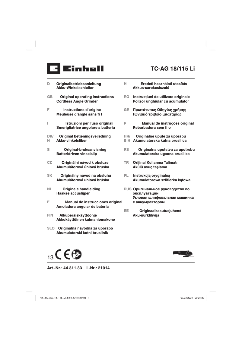 Page 1 de la notice Manuel utilisateur Einhell TC-AG 18/115 Li