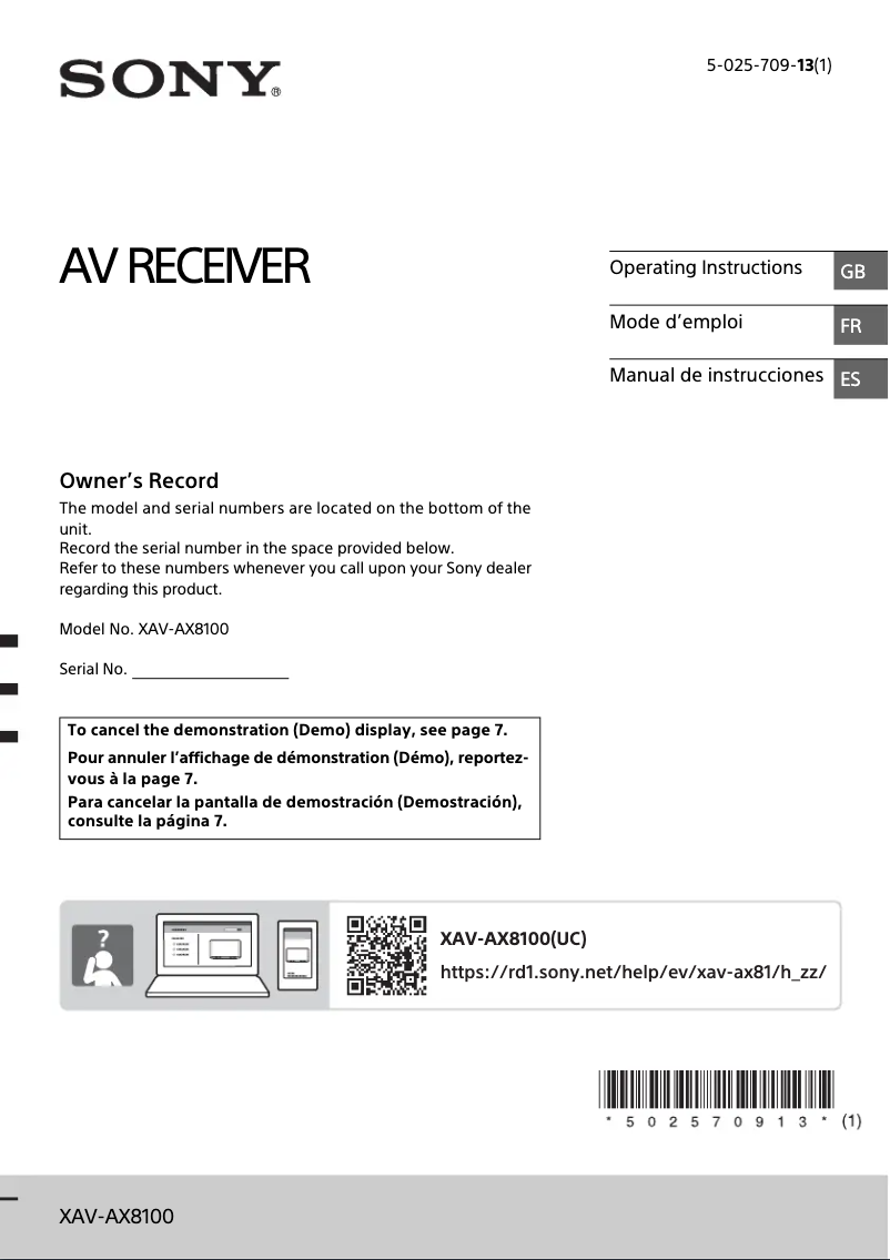 Page 1 de la notice Manuel utilisateur Sony XAV-AX8100