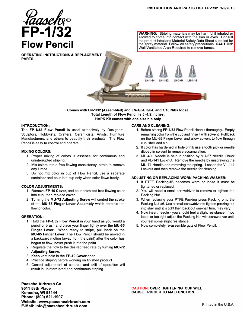 Page 1 de la notice Manuel utilisateur Paasche FP-1/32