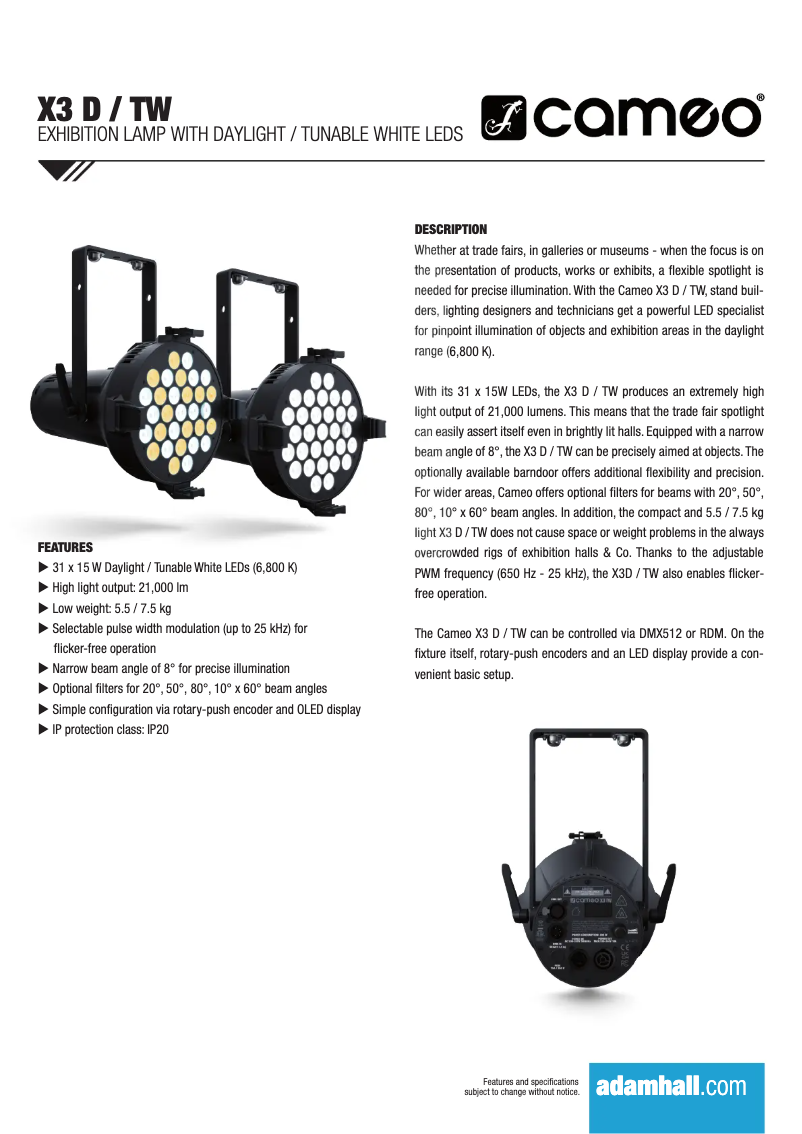 Page 1 de la notice Fiche technique Cameo X3 TW