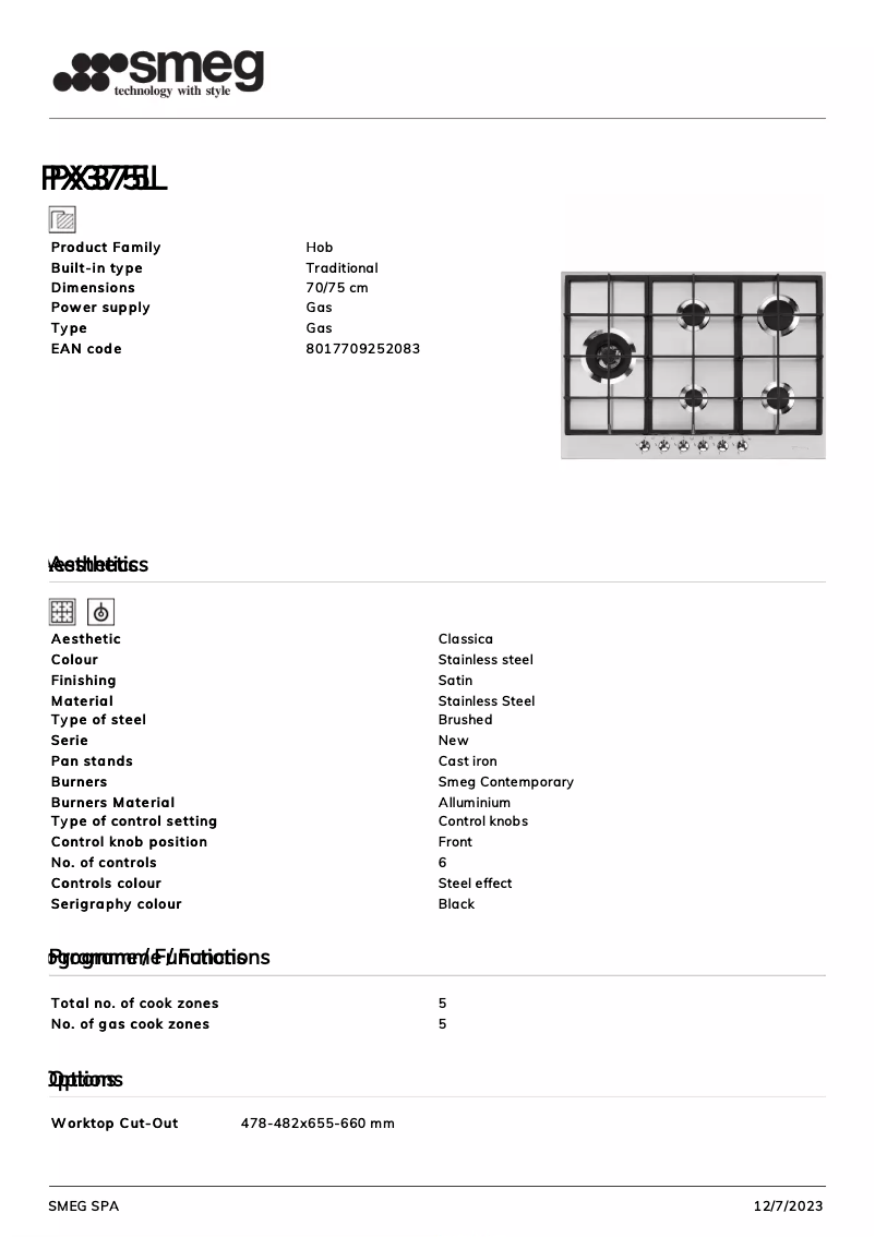 Page 1 de la notice Fiche technique Smeg PX375L