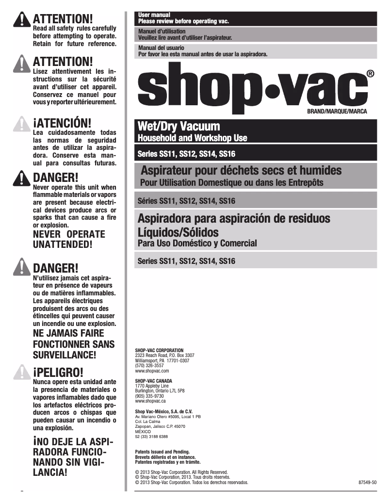 Page n°1 - Manuel utilisateur Shop-Vac SS12-350A