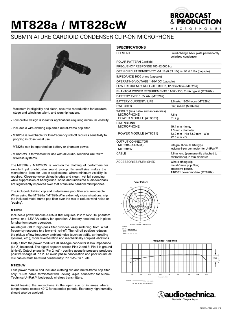 Page n°1 - Manuel utilisateur Audio-Technica MT828a