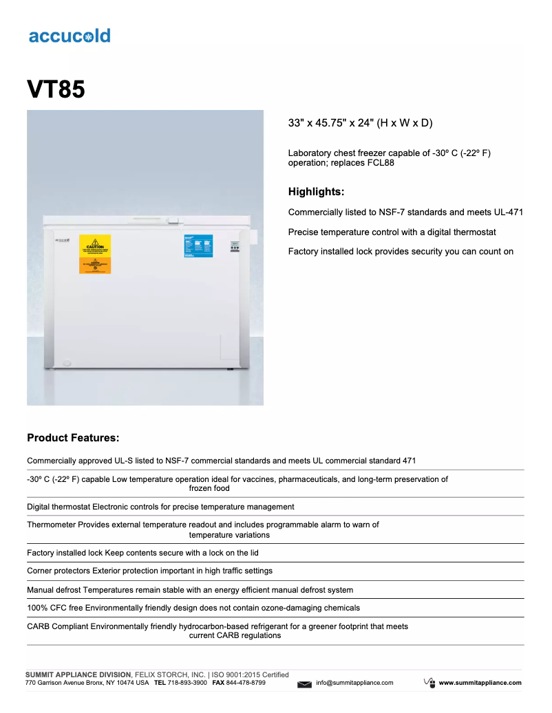 Page 1 de la notice Fiche technique Summit Accucold VT85