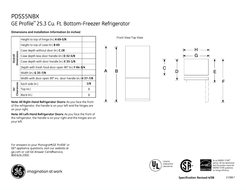 Page 1 de la notice Fiche technique GE Profile PDSS5NBXLSS