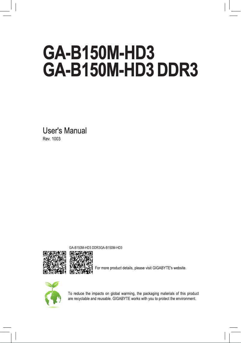 Page 1 de la notice Manuel utilisateur Gigabyte GA-B150M-HD3