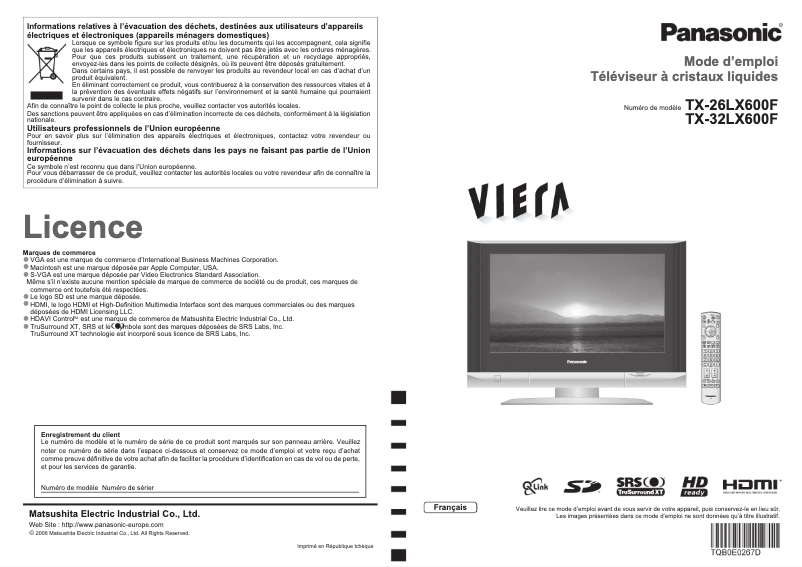 Page 1 de la notice Manuel utilisateur Panasonic Viera TX-32LX600F